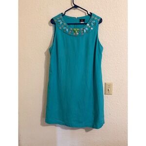 Lark Lane Turquoise Linen Blend Embellished Neckline Shift Dress Size 16